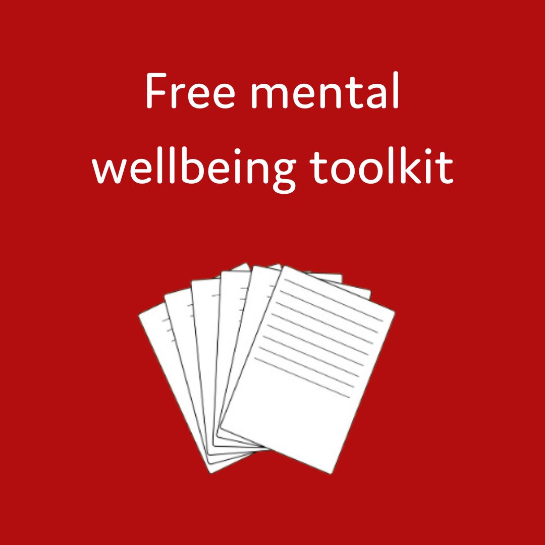 Red background with text 'Free mental wellbeing toolkit'